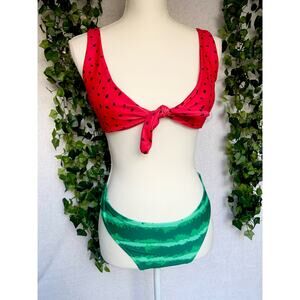 Watermelon Red Green Black Cheeky Bikini with Front Tie Knot Women's size Small
